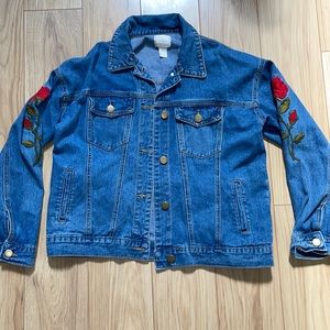 Blue Jean Jacket with Red Embroidered Flowers